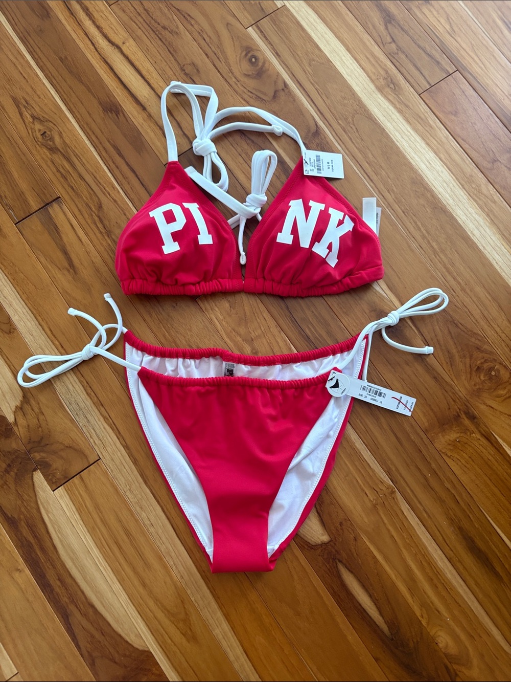 PINK Victoria's Secret Pink and White Tie Bikini Set